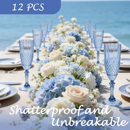 12 Pack Plastic Champagne Flutes, Blue Reusable Champagne Glass | Unbreakable Hard Plastic Mimosa Cups Bulk with Stem, Fancy Stemware for Wedding, Party & NYE Celebration - color: Blue