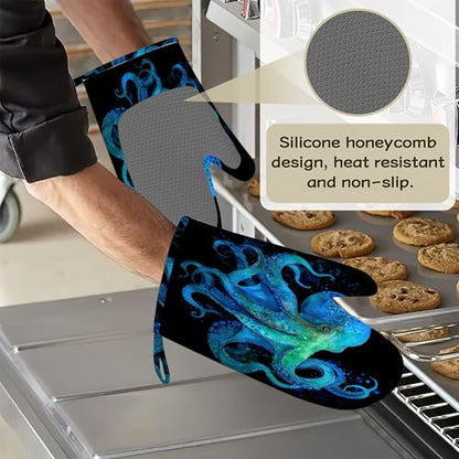 Octopus Ocean Nautical Oven Mitts and Pot Holders Sets of 4, Heat Resistant Silicone Oven Mitts Gloves Non-Slip Kitchen Mittens Potholders for Cooking Baking Grilling BBQ - color: Octopus Ocean Nautical