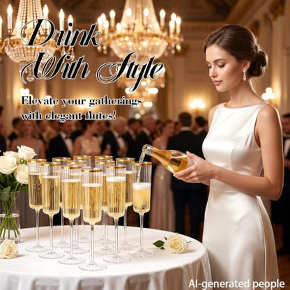 36PCS Plastic Champagne Flutes Ribbed for Weddings & Parties | Gold trim Champagne Glasses, 6 oz, Elegant Sparkling Wine Stemware, Disposable yet Sturdy, for Toasting at Anniversaries