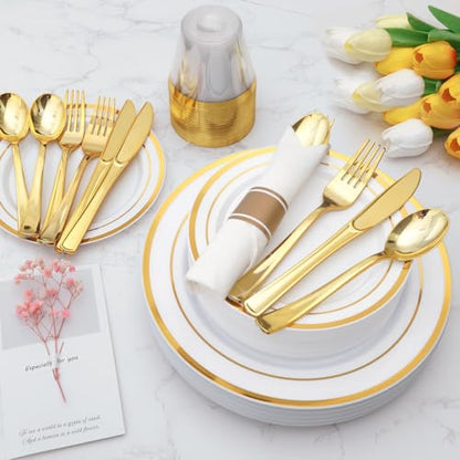 175 Piece Gold Plastic Dinnerware Set for 25 Guests | Disposable Dinnerware Includes: 25 Dinner Plates, 25 Dessert Plates, 25 Pre Rolled Napkins with Gold Silverware, 25 Cups - color: Gold, style: 175 Piece (25 guests)