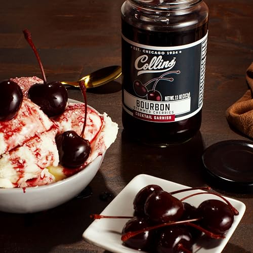 Collins Bourbon Cocktail Cherries - Drinks Garnish for Manhattan or Old Fashioned Cocktails and Desserts, Made with Award Winning Whiskey, 11 Ounce Glass Jar