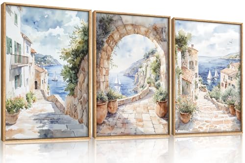LHIUEM Watercolor Italy Coast Framed Canvas Wall Art,Modern Europe Countryside Wall Decor,Seascape Painting,Neutral Mediterranean Artwork for Living Room,Bedroom,Dining Room -16"x24"x3 - color: Italy Coast Wall Art, size: 16''x24''x3