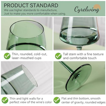 Green Wine Glasses Set of 6,18oz green Wine Glassware Gift Set for Wife & Mom-Colorful Hand Blown Glass Drinkware for Red White Wine - color: Green