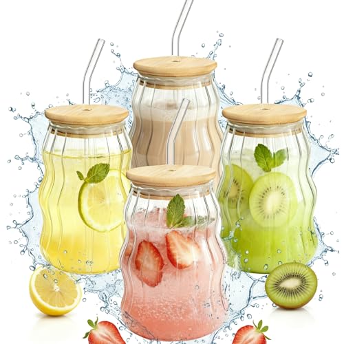 4 Packs Cute Glass Tumbler with Lid and Straw 16 oz Vintage Ice Coffee Cup Set Bulk Simple Modern for Smoothie Juice Matcha Tea Water Slushie Clear Hot Drink Glasses Travel Mug Kitchen Glassware - color: Cloud stripe-4 Pcs