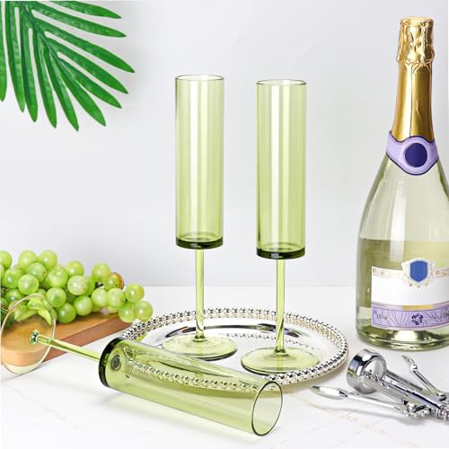 12 PCS Green Champagne Flutes Plastic 5.4OZ Clear Acrylic Champagne Glasses Long Stem Champagne Flutes Sparkling Wine Glasses Sage Green Champagne Glasses FOR Wedding Cocktail Cups Cava Prosecco - color: Sage, size: 12 Pack