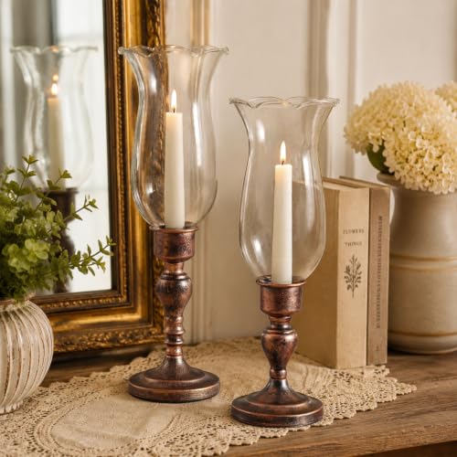 Volens Set of 2 Hurricane Glass Candle Holders with Iron Base & Glass Dome | Rustic Decorative Bronze Metal Candlestick Holders for Living Room, Mantle, Table Centerpiece, Home and Outdoor Décor - color: Bronze