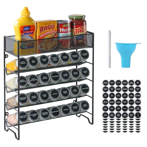 Skiileor Spice Rack Organizer with 28 Spice Jars,Spice Labels and Funnel | 5-Tiers Metal Seasoning Organizer, Kitchen Spice Organization for Cabinet, Countertop, Pantry, Cupboard Door or Wall Mount - color: Silver