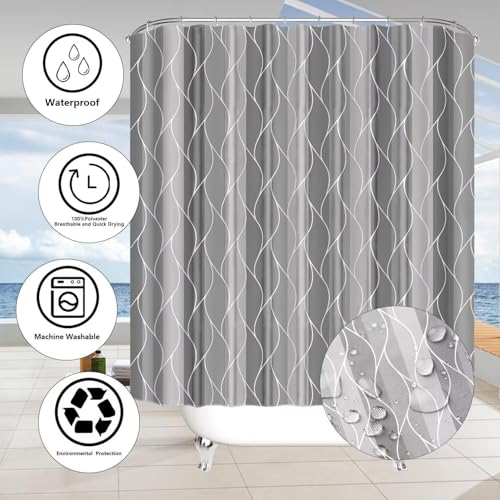 DDQQ 4Pcs Grey Wave Lines Shower Curtain Set with Rugs Stripe Bathroom Set | Waterproof, Durable, Grey Shower Curtain with 12 Hooks, Non-Slip Rugs, Toilet Lid Cover, U Toilet Mat, Bathroom Decor - color: Grey