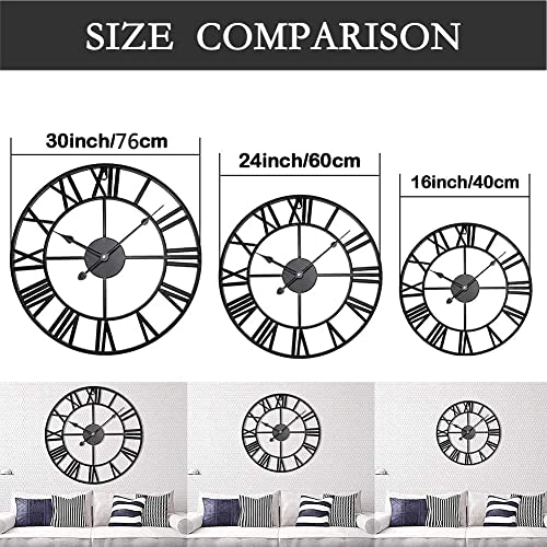 30 inch Large Metal Wall Clock, Industrial Indoor Outdoor Waterproof Art Decor Modern Clocks, European Retro with Oversized Roman Numerals, Silent Battery Operated Decor,Office,Kitchen, Loft - size: 30in