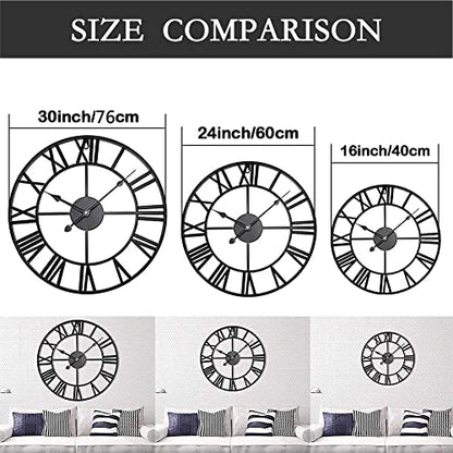 30 inch Large Metal Wall Clock, Industrial Indoor Outdoor Waterproof Art Decor Modern Clocks, European Retro with Oversized Roman Numerals, Silent Battery Operated Decor,Office,Kitchen, Loft - size: 30in