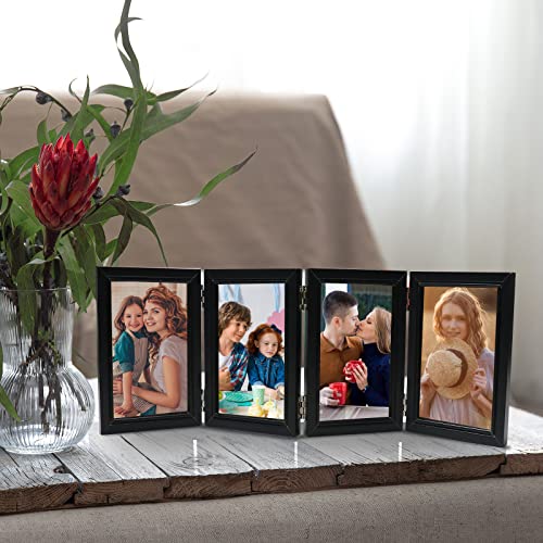 POILKMNI 4 Folding 4x6 Inch Hinged Picture Frame with 4 Openings | Natural Wood Foldable Photo Frame High Definition Acrylic for Mothers Day Father's Day Christmas Gift, Family Picture, Black - color: Black, size: 4x6