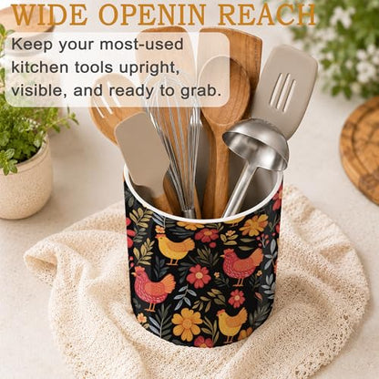 Rooster Hen Kitchen Utensil Holder,Flower Ceramic Utensil Crock for Countertop,Cooking Tools Storage jar for Spatulas and Spoons,Housewarming Gifts 6.3" - color: Rooster Hen Flower
