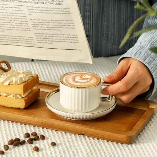 LETAOTAO Espresso Cups Set of 4, 3oz Espresso Cups and Saucers | Ceramic Coffee Cups with Gold Trim, Stackable Mini Demitasse Mugs for Espresso, Cappuccino,Latte, Americano and Tea - size: 3 Ounces