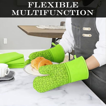 Oven Mitts and Pot Holders Sets 6pcs, Kitchen Oven Glove,High Heat Resistant 550 Degree Extra Long Oven Mitts and Potholders with Non-Slip Silicone Surface for Home Essentials (Grey) (Meadow Green) - color: Meadow Green