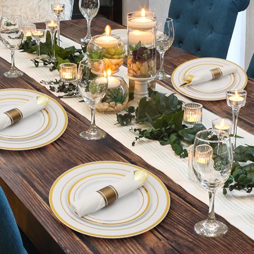 350 Piece Gold Plastic Dinnerware Set for 50 Guests | Disposable Dinnerware Includes: 50 Dinner Plates, 50 Dessert Plates, 50 Pre Rolled Napkins with Silverware, 50 Cups - color: Gold, style: 350 Piece (50 guests)