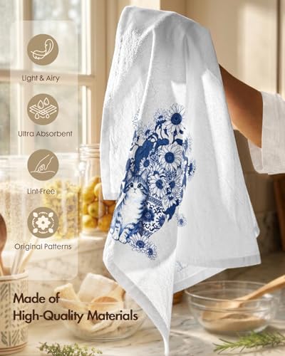 Flour Sack Kitchen Towels Set of 2, 18x26 Inch, Cat Flower | 150GSM Cotton, Lint-Free, Quick Dry, Hanging Loop, Lightweight Tea Towels, French Home Decor, Chinoiserie, Housewarming Gift - color: Cat Flower