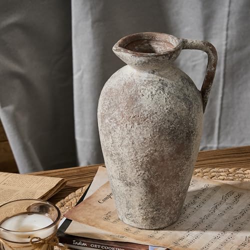 PORCER 9.3 Inch Antique Ceramic Vase, Terracotta Vase with Handle, Tuscan Decor Farmhouse Decorative Vase, Rustic Vase for Home Decor, Living Room, Entryway, Wedding - Distressed Design, Gray - color: Gray- 9.3"