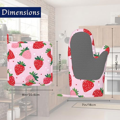 Pink Cute Strawberry Potholders & Oven Mitts Sets Summer Fruits Silicone Heat Resistant Oven Mits and Hot Pads Non-Slip Pot Holders Gloves for Kitchen Chef Cooking Baking Grilling BBQ - color: Pink Cute Strawberry,summer Fruits