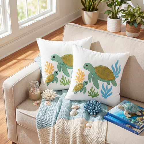 Moukeren 2 Pcs Summer Sea Turtle Throw Pillow Cover 18x18 Inch Green Turtle Embroidered Decorative Pillow Cases Beach Ocean Themed Square Cushion Cover for Sofa Couch Bedroom Decor Gift - style: Sea Turtle