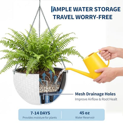 13.8 Inch Self Watering Hanging Planter, 2PCS Round Resin Hanging Basket for Indoor Outdoor Plants, Rattan Look Flower Pot with Drainage Plug, Deep Inner Pot and Sturdy Metal Triple-Chain Hanger - color: White