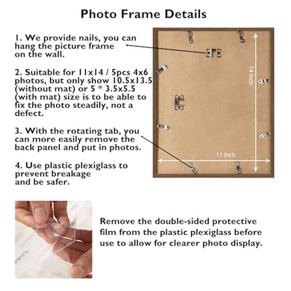 JCJMY 11x14 Picture Frame, 4x6 Collage Picture Frame, Display 5 Pcs 4x6 Photos or 11x14 Picture, Five Opening 4x6 Collage Frame for Wall Hanging, Lightweight 4 x 6 Multi Pictures Frame, Brown - color: Brown