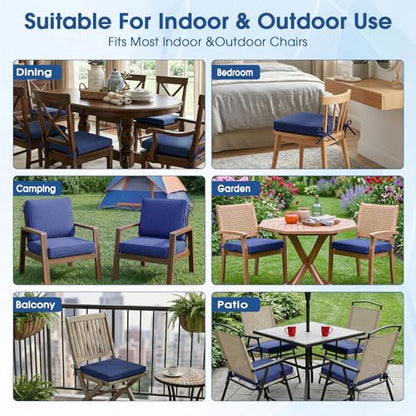 Outdoor Chair Cushions Set of 4, 19x19 Waterproof Patio Pads, Navy Blue | Fade resistant fabric with ties, handle and 3-inch foam for dining seats, decks, porches, gardens and hard seating - color: Navy Blue