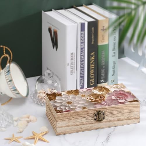 Wood Storage Box White Gold FlowersRetro Decorative Organizer with for Photos Letters Keepsakes for Home Study Desk