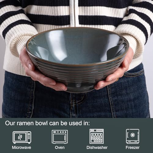 Ceramic Japanese Ramen Bowl Set, 2 Sets Asian Pho Udon Soup Noodle Bowls with Spoons and Chopsticks (Olive Green, 8 inches) - color: Olive Green