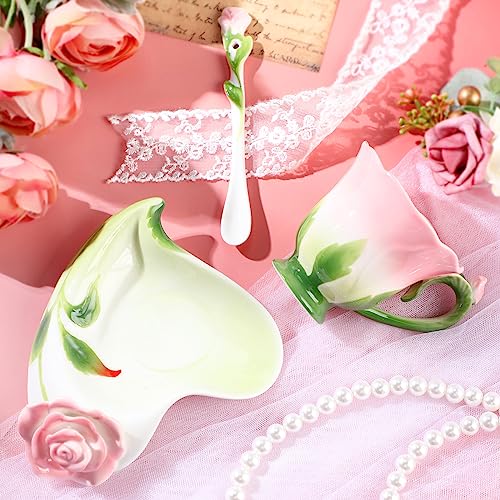 Dandat Ceramic Rose Tea Cups and Saucers with Spoon Rose Flower Shaped Cup and Sauce Set Cute 6oz Tea Cups Flower Mug Mother's Day Grauation Birthday Appreciation Teacher Gifts for Home Office Kitchen
