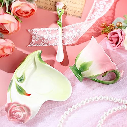 Dandat Ceramic Rose Tea Cups and Saucers with Spoon Rose Flower Shaped Cup and Sauce Set Cute 6oz Tea Cups Flower Mug Mother's Day Grauation Birthday Appreciation Teacher Gifts for Home Office Kitchen