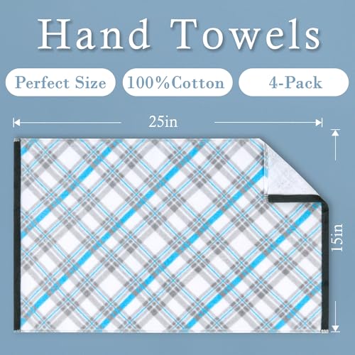 VOOVA & MOVAS Checkered Kitchen & Bathroom Towels 4PC 15"x25", 100% Cotton | 400GSM Light & Fluffy, Soft Touch, High Absorbency, Trendy Blue and Gray Plaid, Dual Kitchen and Bathroom Application - color: Blue + Gray, size: 4PC Hand Towels