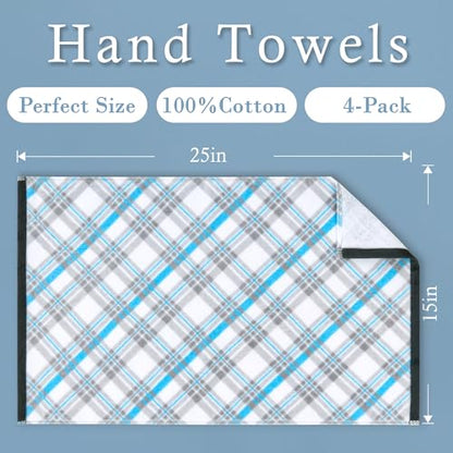 VOOVA & MOVAS Checkered Kitchen & Bathroom Towels 4PC 15"x25", 100% Cotton | 400GSM Light & Fluffy, Soft Touch, High Absorbency, Trendy Blue and Gray Plaid, Dual Kitchen and Bathroom Application - color: Blue + Gray, size: 4PC Hand Towels