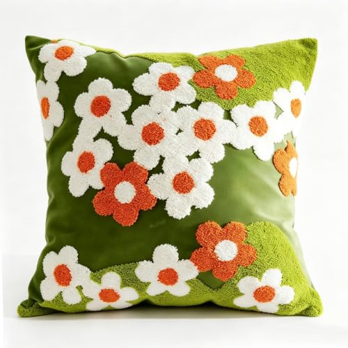 Green Tufted Throw Pillow Cover 18x18 Inch | Boho Daisy Floral Yarn Embroidered Decorative Pillow Case,Summer Flower Aesthetic Home Decor for Couch, Sofa, Bed - color: Green