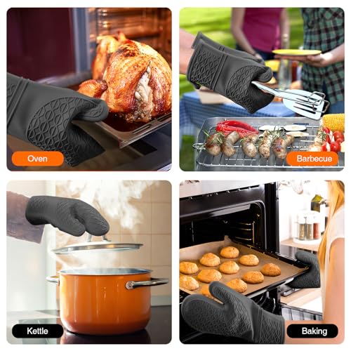 Silicone Oven Mitts, Heat Resistant 2PCS Oven Mitts with Soft Cotton Lining, Waterproof Non-Slip Grip Oven Glove, Kitchen Potholder Mits for BBQ, Baking, Cooking, 12.5 Inch - Black - color: Black