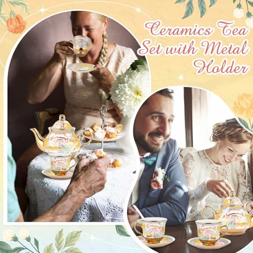 Zhehao 20 Pcs Porcelain Tea Set with Metal Holder and Spoon Adult Ceramic Tea Set European Flower Painting Teapot Cup Saucer Spoon for Women Mom Gift, Large Version (Classic Style) - color: Classic Style