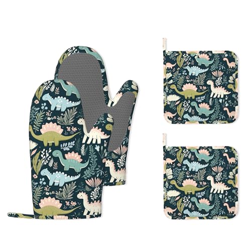 Cute Dinosaur Heat-Resistant Silicone Oven Mitts and Pot Holders 4 Piece Set,Extra Long Non-Slip Kitchen Oven Gloves for Cooking, Baking, BBQ,Grilling - color: Cute Dinosaur