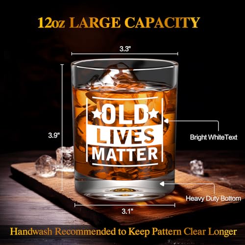 Old Lives Matter Whiskey Glasses, Funny Retirement Gifts for Old Man | 12oz Old Fashioned Whisky Gifts for Men Christmas, Grandpa, Dad, Gag Gift with Whiskey Stones, Coaster, Wooden Box - style: Old Lives Matter Whiskey Glass