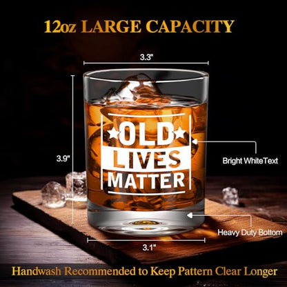 Old Lives Matter Whiskey Glasses, Funny Retirement Gifts for Old Man | 12oz Old Fashioned Whisky Gifts for Men Christmas, Grandpa, Dad, Gag Gift with Whiskey Stones, Coaster, Wooden Box - style: Old Lives Matter Whiskey Glass