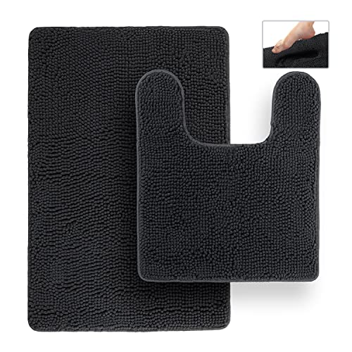 Bathroom Rugs, Extra-Thick Memory Foam Bath Mat, Ultra-Soft Chenille Microfiber, Highly Absorbent, Machine Washable, Shaggy Bath Mats for Bathroom, Non-Slip (21x32 + 20x22, 2pcs) Black - color: Midnight Black, size: 21 x 32 + 20 x 22 - No Cutout