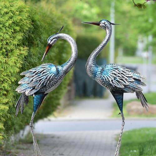 37-40Inch Outdoor Crane Garden Statues, Blue Heron Garden Statues | Large Metal Cranes for Yard, Lawn, Patio, Pond, Set of 2 - color: Blue