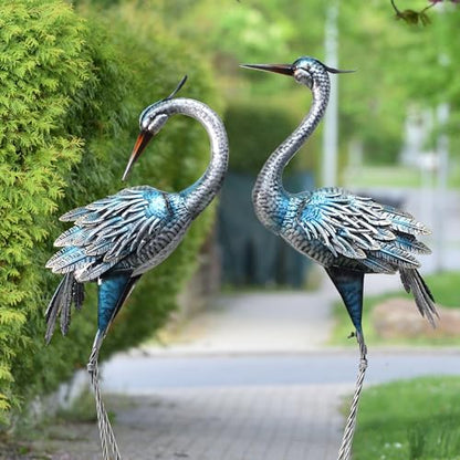 37-40Inch Outdoor Crane Garden Statues, Blue Heron Garden Statues | Large Metal Cranes for Yard, Lawn, Patio, Pond, Set of 2 - color: Blue