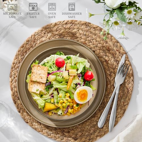 E-far Pasta Bowls Set of 4, 35oz Large Salad Bowl Plate for Dinner Serving, Wide & Shallow Ceramic Stoneware Pasta Plate, Microwave & Dishwasher Safe, Reactive Glaze Textured Stripe, Caramel Khaki - color: Caramel Khaki
