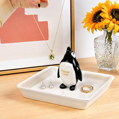 PUDDING CABIN Penguin Gifts for Women, Ring Holder Jewelry Tray, Penguin Figurine Forever Lover Anniversary Wedding Birthday Mothers Day Gifts for Girlfriend Wife Fiancée Daughter Mom - style: Penguin