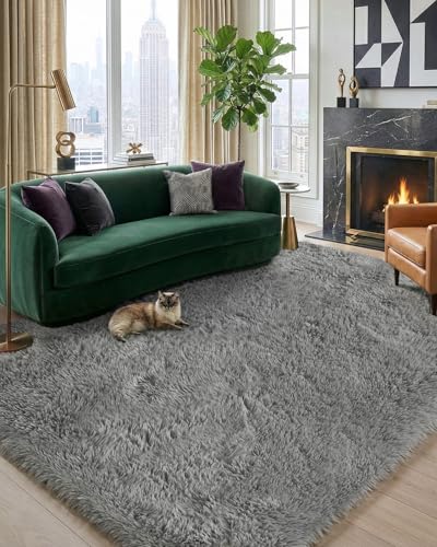 DEXI Area Rugs for Living Room 9x12, Non Slip Soft Rug for Bedroom, Grey | Machine Washable, High Pile, Non-Shedding, Soft Thick Fluffy Indoor Floor Large Carpet for Dining Room Playroom Study Room - color: Grey, size: 9' x 12' (Rectangular)