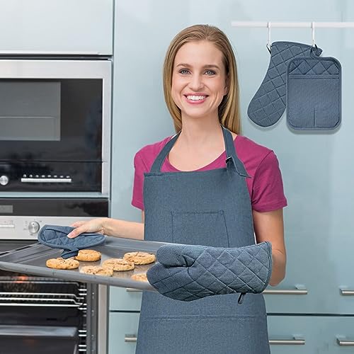 Oven Mitts and Pot Holders with Cooking Apron Set of 5, Heat Resistant Kitchen Gloves and Silicone Non-Slip Potholders, Adjustable Neck Buckle Chef Apron, Cotton Nice Design for Cooking （Navy… - color: Navy
