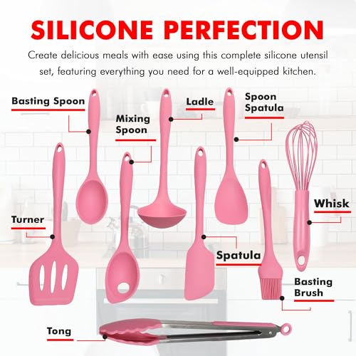 Chef Craft - Premium Silicone Kitchen Tools and Utensils Set, Non-Scratch, Withstands Temperatures up to 450°F, BPA-Free, 9 Piece Cooking Utensils Set, Pink - color: Pink, size: 9 Piece Set