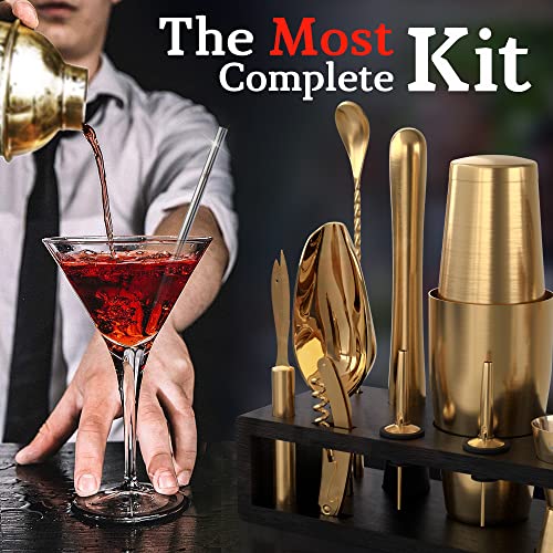 Highball & Chaser Bartender Kit with Black Bamboo Stand Beautiful Cocktail Shaker Set and Bar Tools Stainless Steel Boston Shaker Bartender Kit with Stand (Antique Gold) - color: Antique Gold