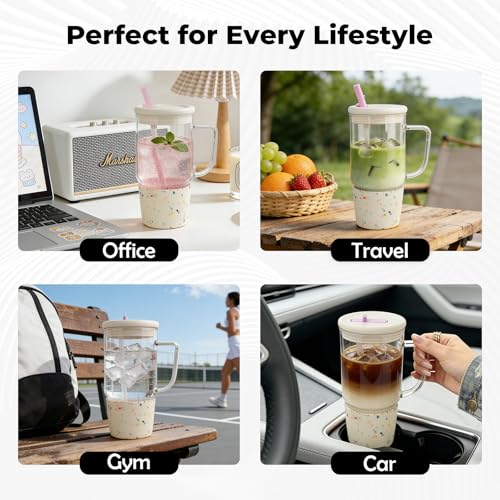 40oz Glass Tumbler with Flip Straw Lid, Handle, Silicone Sleeve, Beige | Leakproof Lid, Fits Car Cup Holder Glass for Iced Coffee, Water, Cold Drinks, Travel, Outdoor, Partys&Home - color: White
