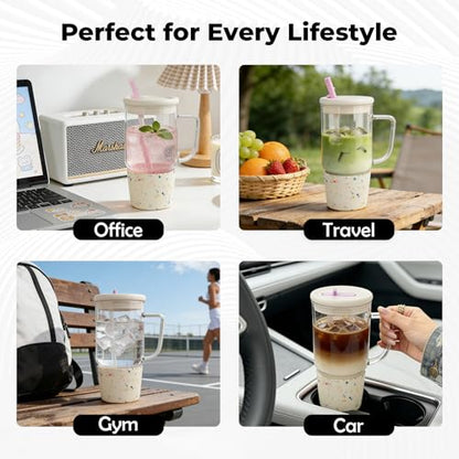 40oz Glass Tumbler with Flip Straw Lid, Handle, Silicone Sleeve, Beige | Leakproof Lid, Fits Car Cup Holder Glass for Iced Coffee, Water, Cold Drinks, Travel, Outdoor, Partys&Home - color: White