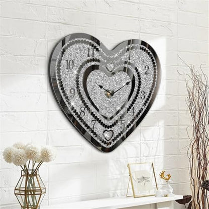 Crystal Wall Clocks for Living Room Decor Heart Shape Silver Diamond Mirrored Wall Clock with Sparkle Twinkle Bling Crushed Diamond for Wall Decoration - style: Heart